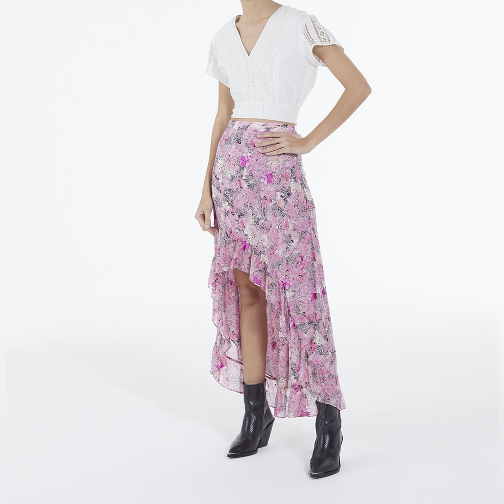 The Kooples FLOWING PINK LONG SKIRT WITH FLORAL PRINT